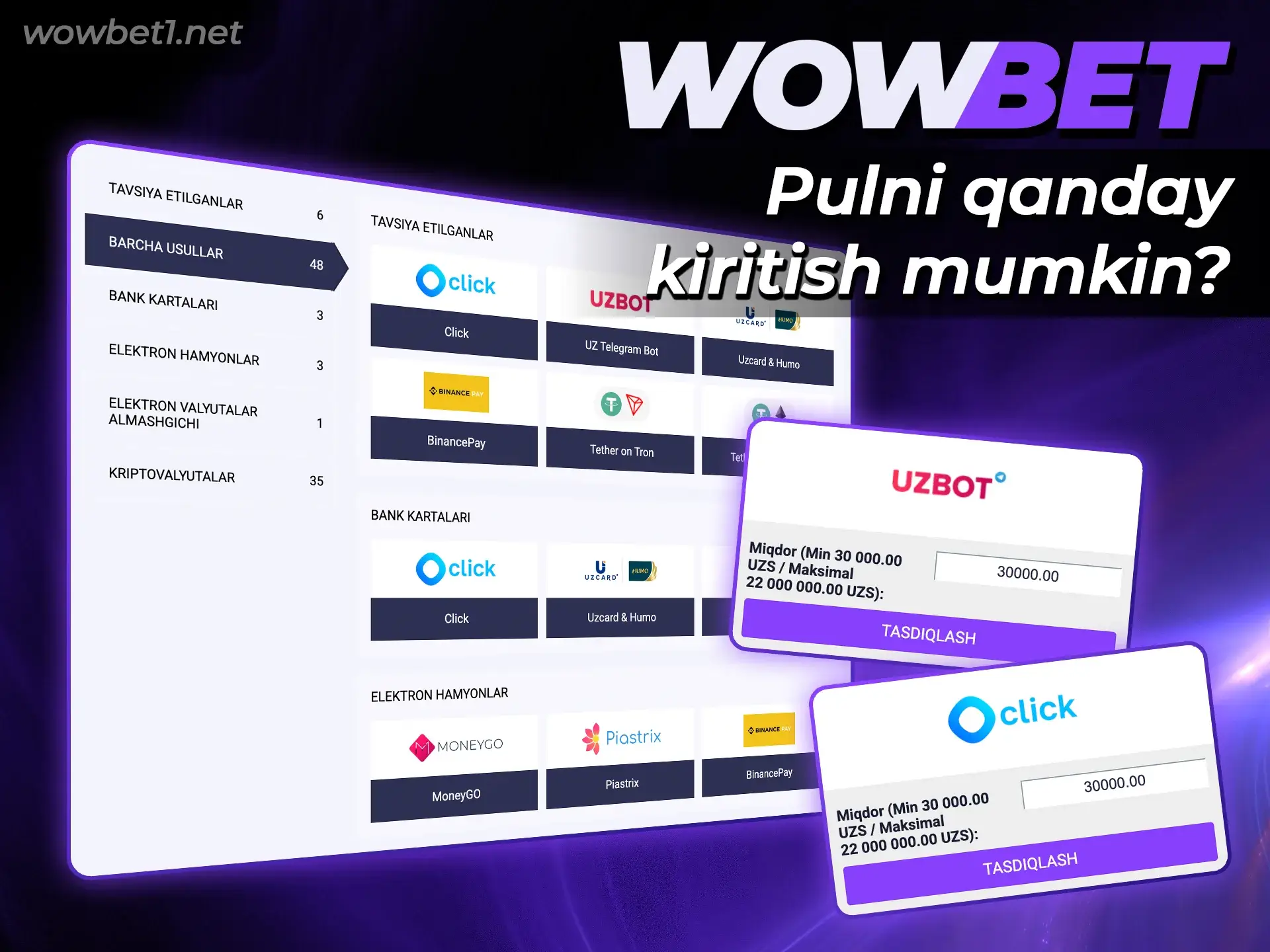 Wowbet hisobingizga pul kiritish tartibini o'rganing va balansingizni to'ldiring.