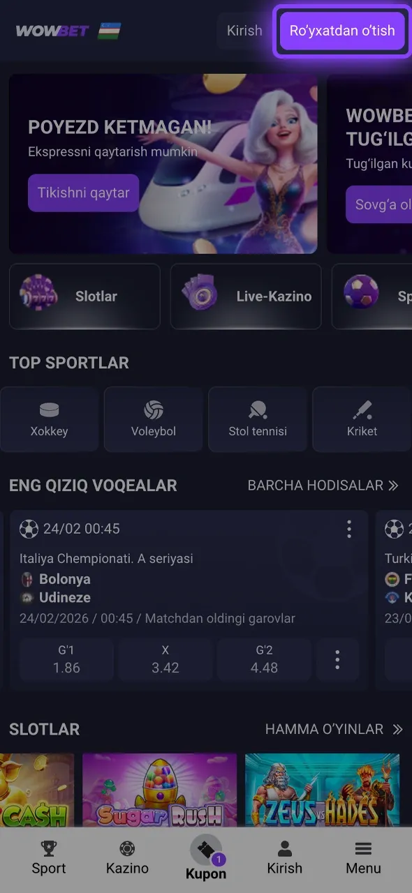 Wowbet Uzbekistan saytida ro'yxatdan o'tish tugmasini bosing va hisobingizni oching.
