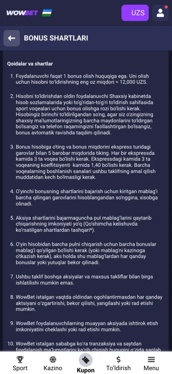Wowbet Ro’yxatdan O’tish bonus yutuqlarini olish uchun wager shartlarini bajaring.